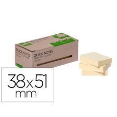 Bloc de notas adhesivas quita y pon q-connect 38x51 mm 100% papel reciclado amarillo en caja de cartón pack 12 unidades