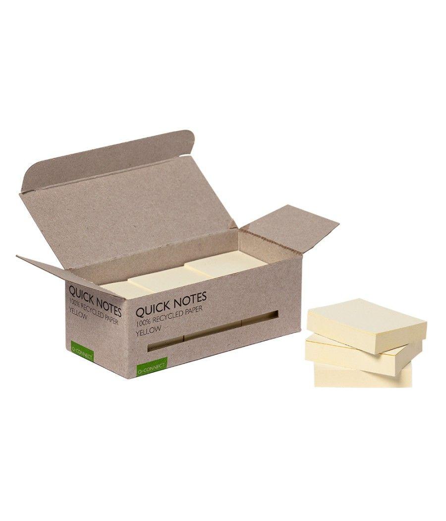 Bloc de notas adhesivas quita y pon q-connect 38x51 mm 100% papel reciclado amarillo en caja de cartón pack 12 unidades