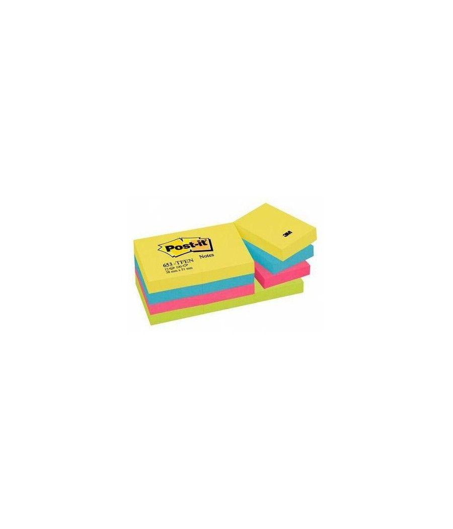 Post-it blocs notas 653 gama energetic amarillo,azul,fusia,verde neón 38x51 encelofados -pack 12-