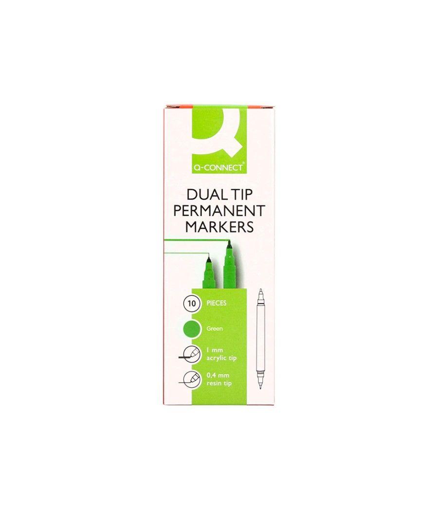 Rotulador q-connect marcador permanente doble punta color verde 0,4 mm y 1 mm pack 10 unidades