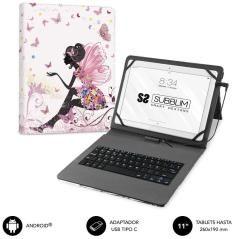 Funda con teclado subblim keytab usb 11' hadas usb para tablets de 11'/ rosa