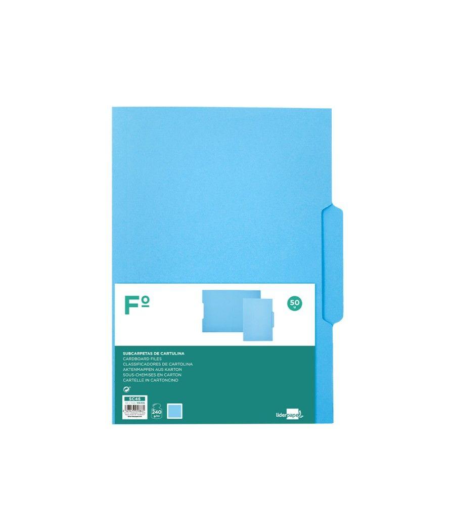 Subcarpeta cartulina liderpapel folio pestaña central 240g/m2 azul pack 50 unidades