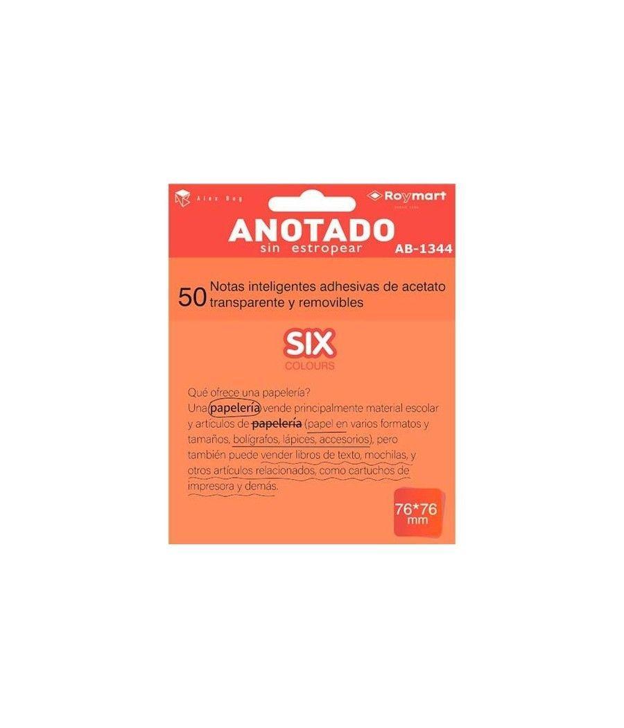 Roymart bloc notas adhesivas inteligentes removibles transparentes 50h 76x76mm acetato naranja flúor