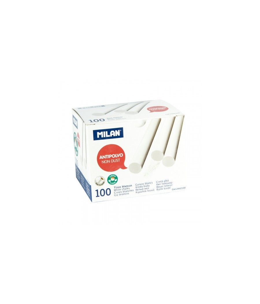 Caja 100 tizas de carbonato de calcio blancas redondas -antipolvo milan 2442100