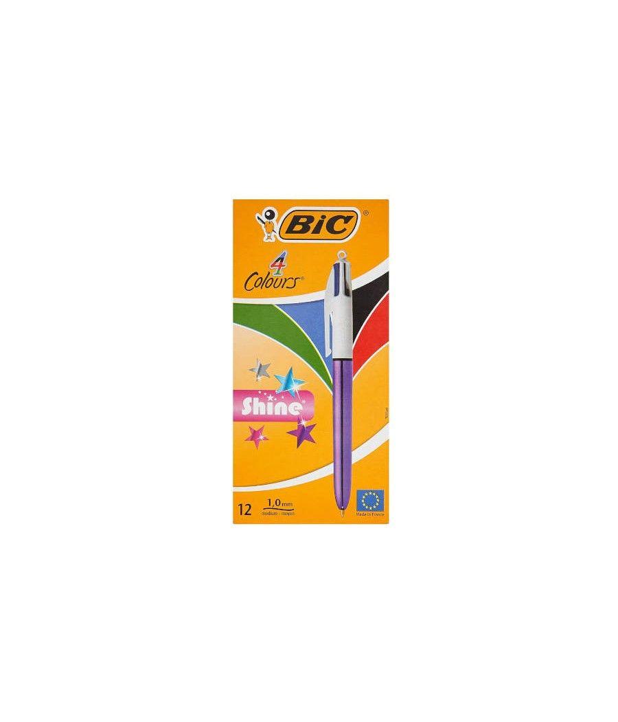 Boligrafo de 4 colores shine 1mm con cuerpo purpura metálico bic 982876 pack 12 unidades