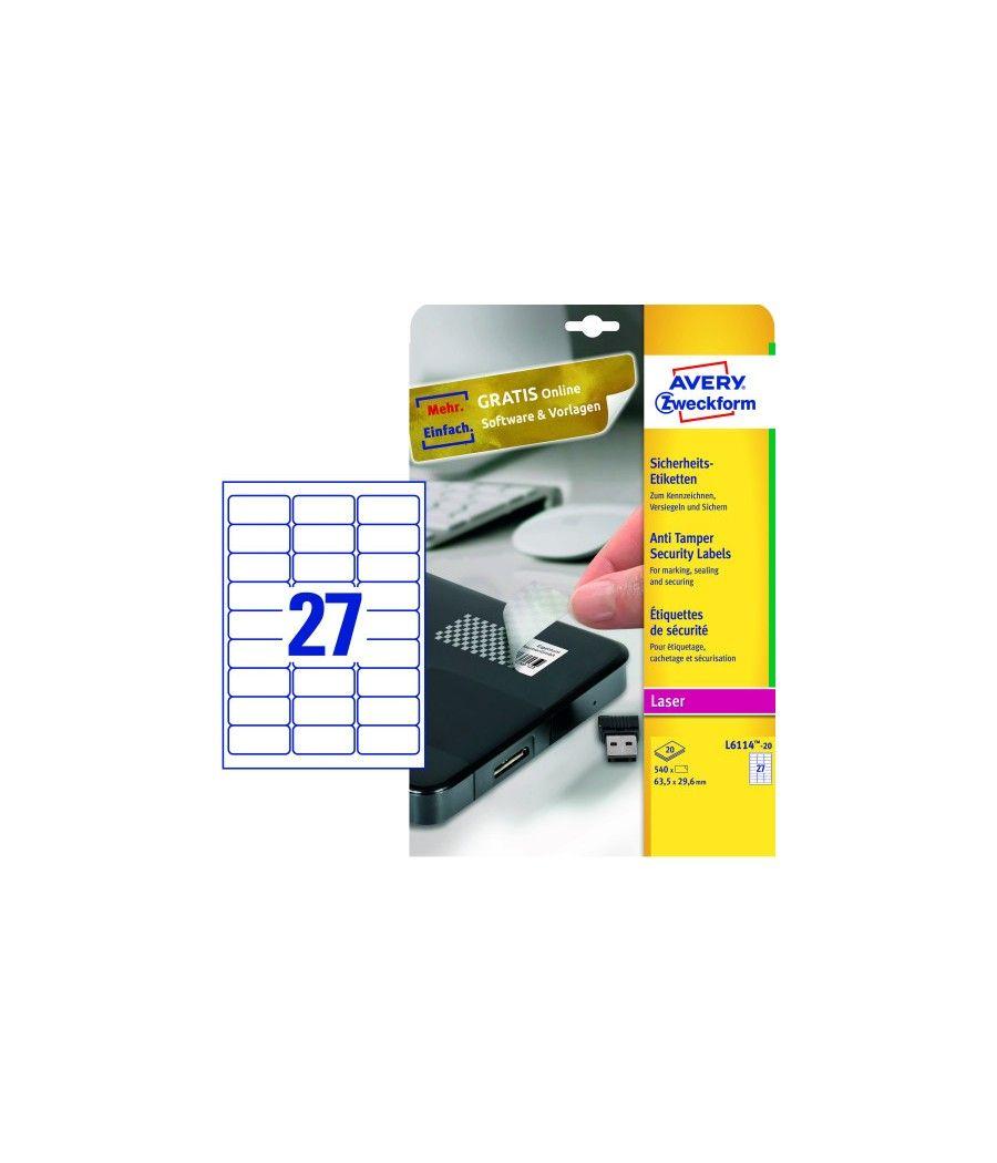 Paquete 20 hojas etiquetas blancas anti-manipulación-impresoras láser-63,5x29,6 mm avery l6114-20
