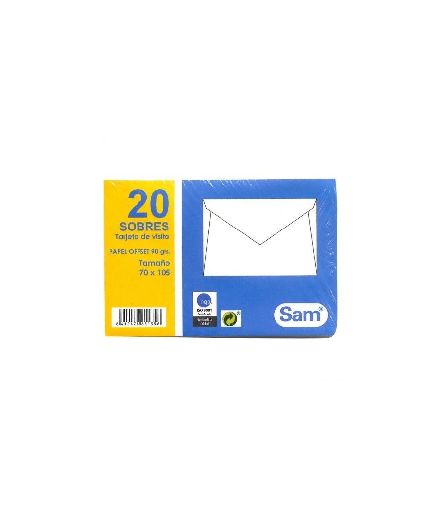 Paquetes de 20 sobres tarjeta de visita, offset blanco 70x105, 90 grs. engomado sam 665135