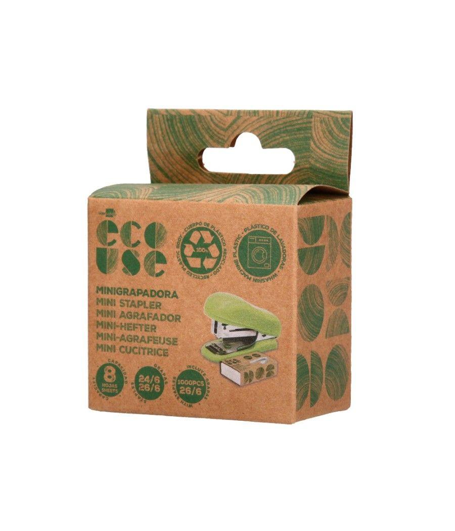 Grapadora liderpapel ecouse mini capacidad 12 hojas 100% plástico reciclado con caja de 1000 grapas 26/6