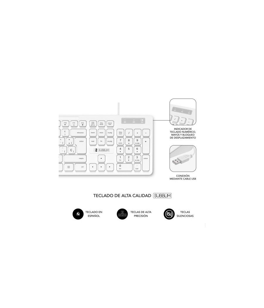 Subblim teclado ergonómico business slim silencioso con cable usb blanco