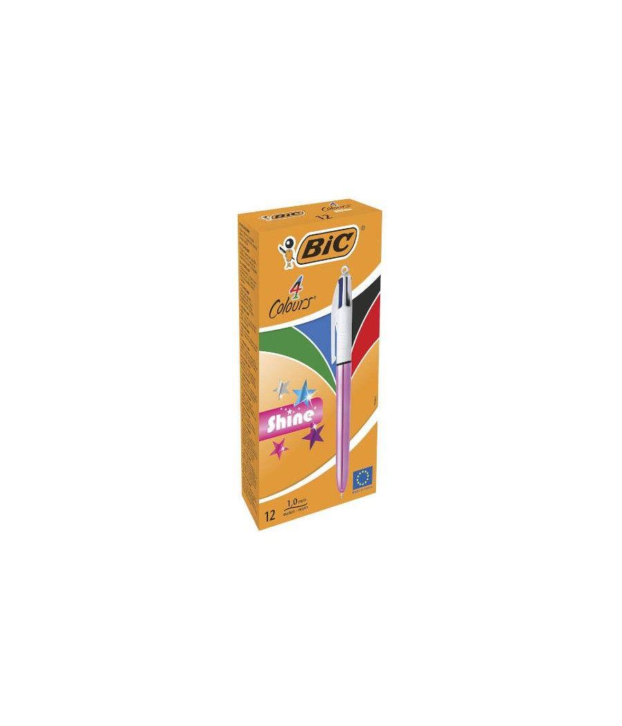 Boligrafo de 4 colores shine 1mm con cuerpo rosa metálico bic 951352 pack 12 unidades