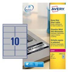 Paquete 20 hojas etiquetas plateadas de poliéster-impresoras láser-96x50,8 mm avery l6012-20