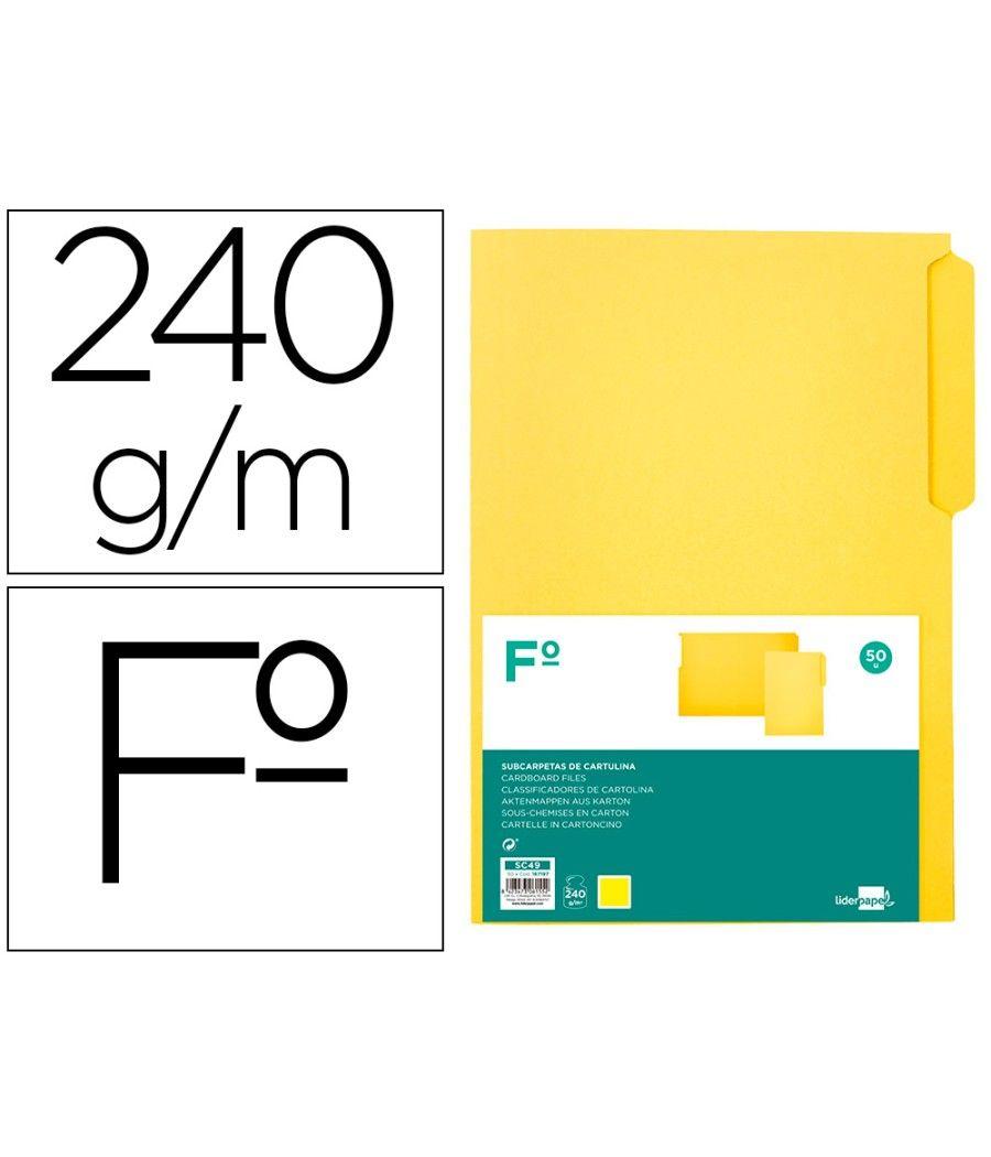 Subcarpeta cartulina liderpapel folio pestaña superior 240g/m2 amarillo pack 50 unidades