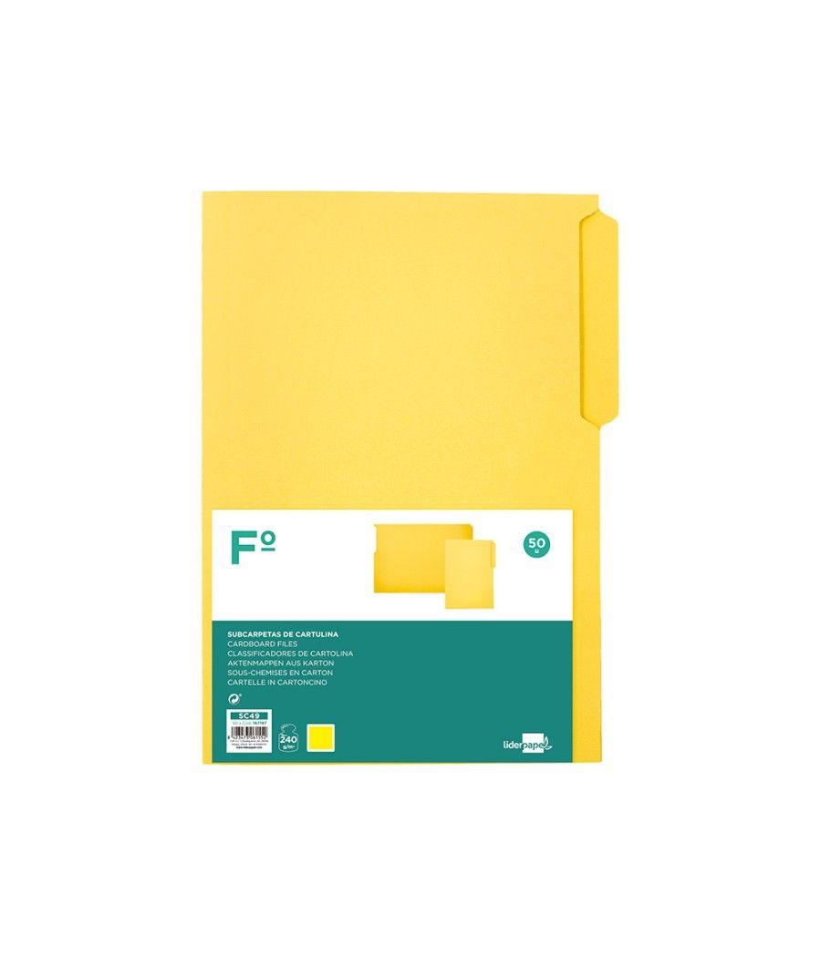 Subcarpeta cartulina liderpapel folio pestaña superior 240g/m2 amarillo pack 50 unidades