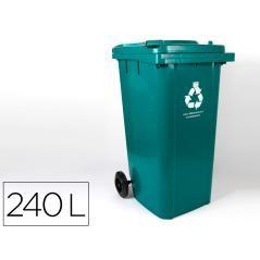 Papelera contenedor q-connect plástico con tapadera y ruedas 240 litros 1040x620x610 mm verde