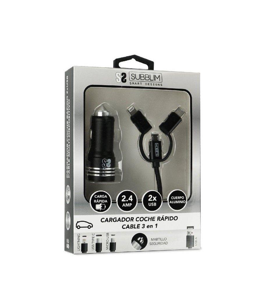 Cargador de Coche Subblim SUB-CHG-4CC002/ 2xUSB + Cable USB 3 en 1/ 2.4A/ Negro - Imagen 1