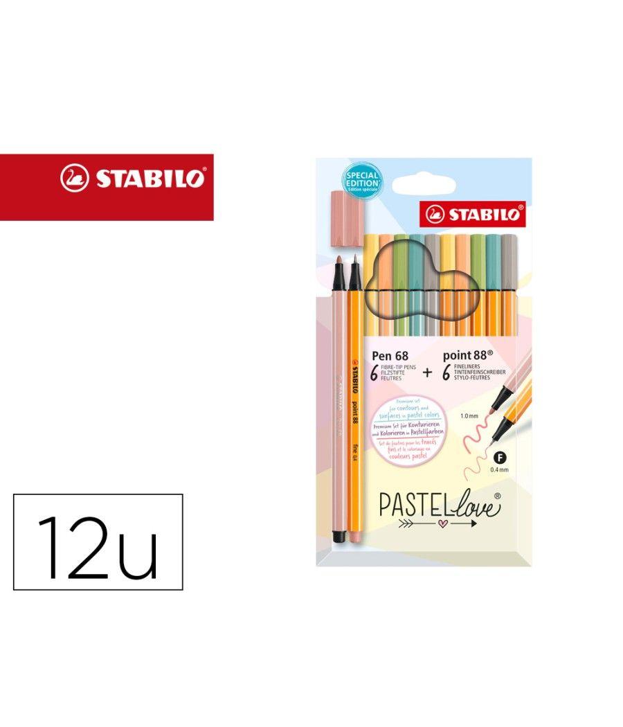 Rotulador stabilo punta de fibra point 88 + pen 68 pastel love estuche de cartón de 12 colores surtidos