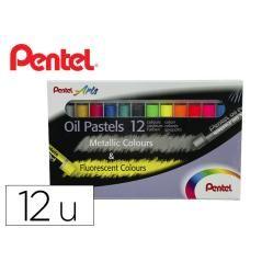 Lápices pentel oil pastel caja de 6 colores metélicos y 6 colores fluorescente