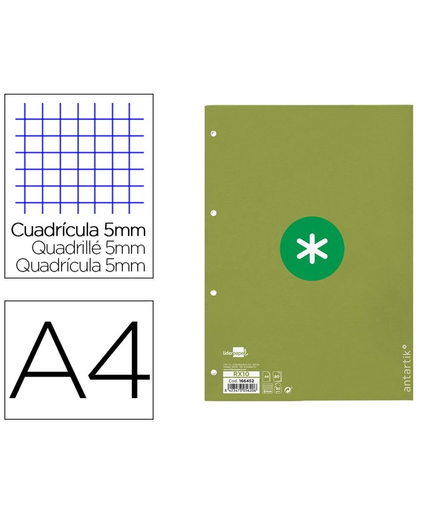Recambio liderpapel a4 antartik 80 hojas 90g/m2 cuadro 5mm 4 taladros 1 banda con marco color verde