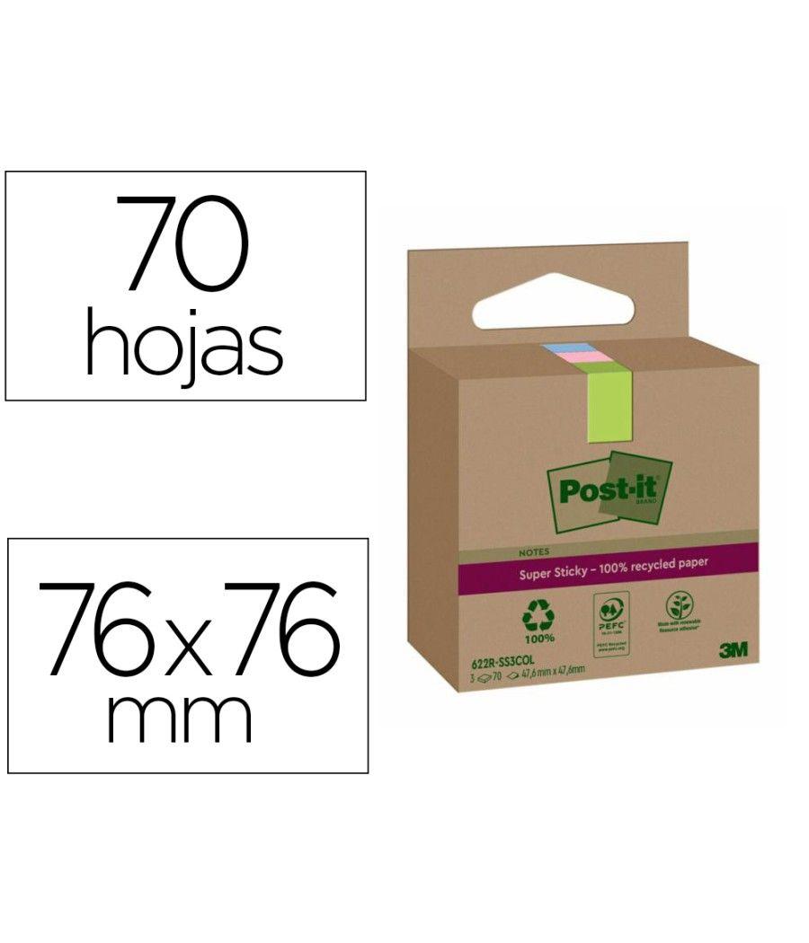 Bloc de notas adhesivas quita y pon post-it super sticky 76x76 mm 70 hojas recicladas paquete de 3 unidades colores