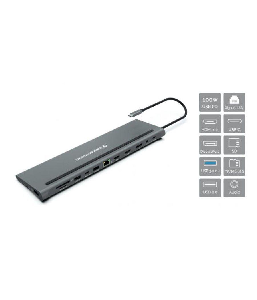 Adaptador usb-c 12in1 conceptronic hdmix2 displayport gigabit usb-c datos usb-a audio lan lector tarjetas donn15g