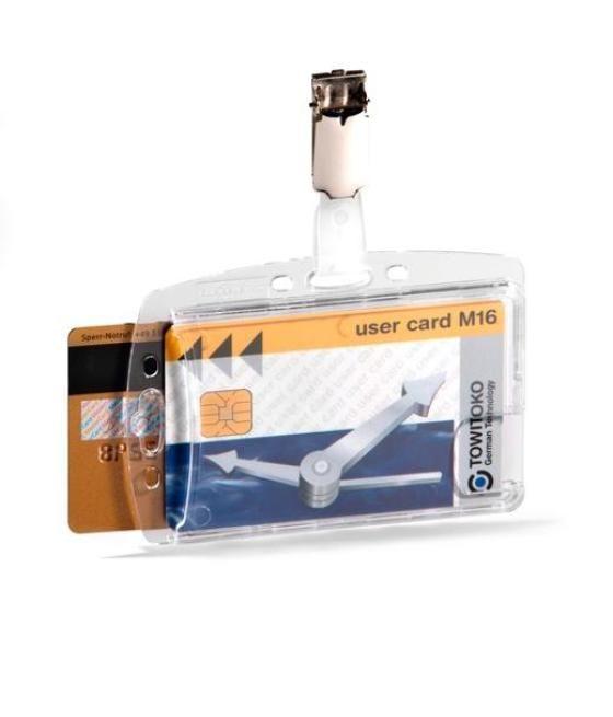 Durable identificador rígido con pinza cerrado para 2 tarjetas transparente pack 25 unidades