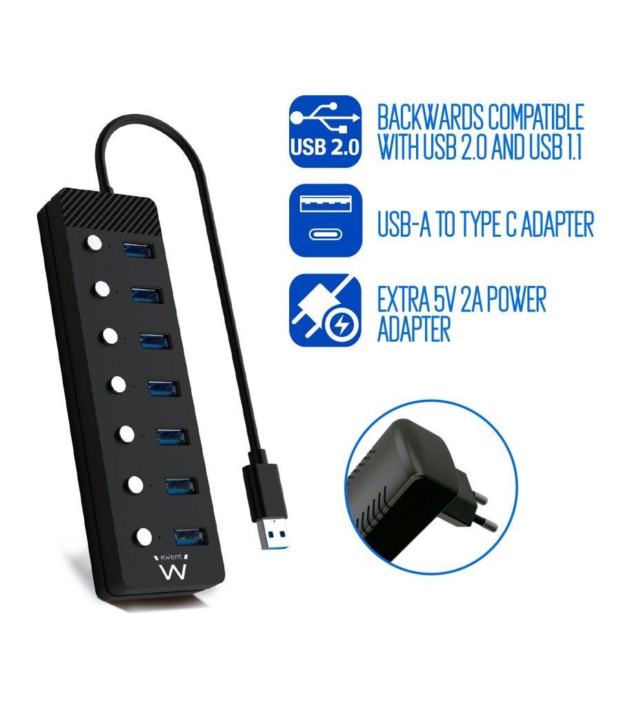 Hub ewent 7 puertos usb 3.0 + interruptor - usb tipo a + adaptador usb tipo c