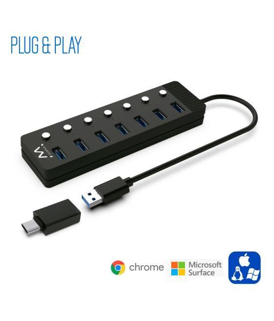 Hub ewent 7 puertos usb 3.0 + interruptor - usb tipo a + adaptador usb tipo c