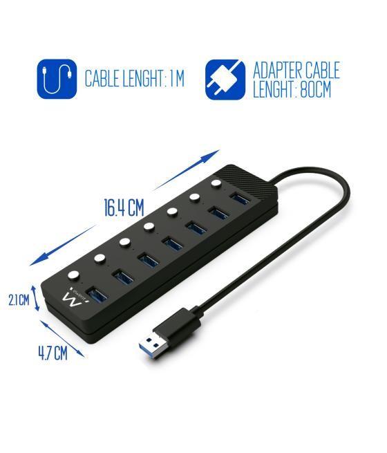 Hub ewent 7 puertos usb 3.0 + interruptor - usb tipo a + adaptador usb tipo c