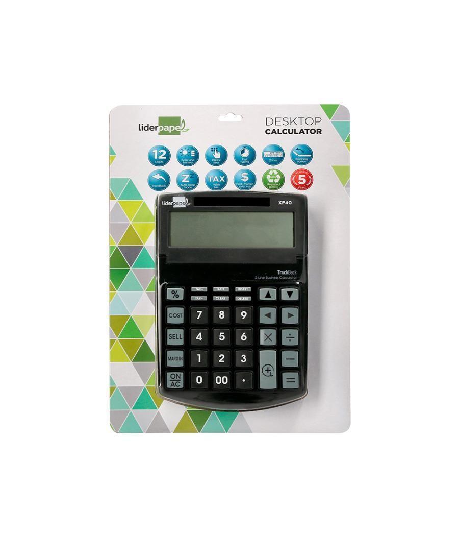 Calculadora liderpapel sobremesa xf40 12 dígitos dos lineas solar y pilas negro 175x120x30 mm 40% plástico