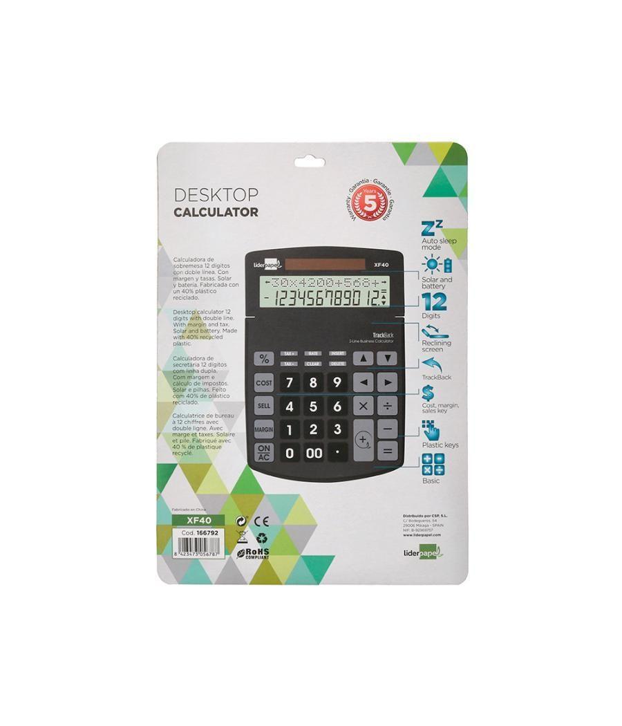 Calculadora liderpapel sobremesa xf40 12 dígitos dos lineas solar y pilas negro 175x120x30 mm 40% plástico