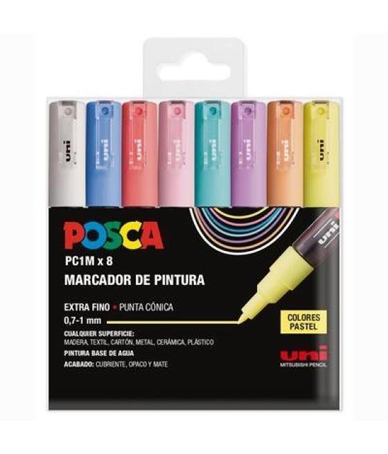 Posca estuche basic pc-1m/8c no permanente punta fina 0.9mm-1.3mm c/surtidos pastel -8u-