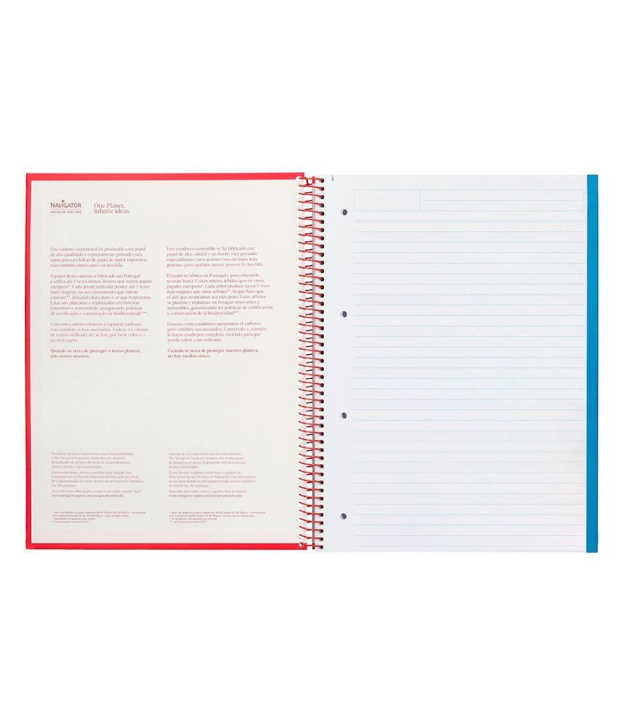 Cuaderno espiral navigator a4 micro tapa forrada 120h 80gr horizontal 5 bandas 4 taladros color rojo