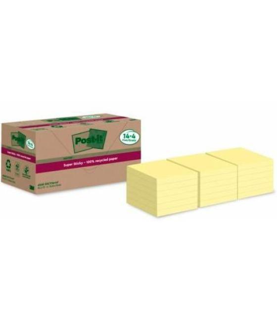 Post-it bloc notas 70h super sticky 76x76mm 100% reciclado pack 14+4 amarillo pastel