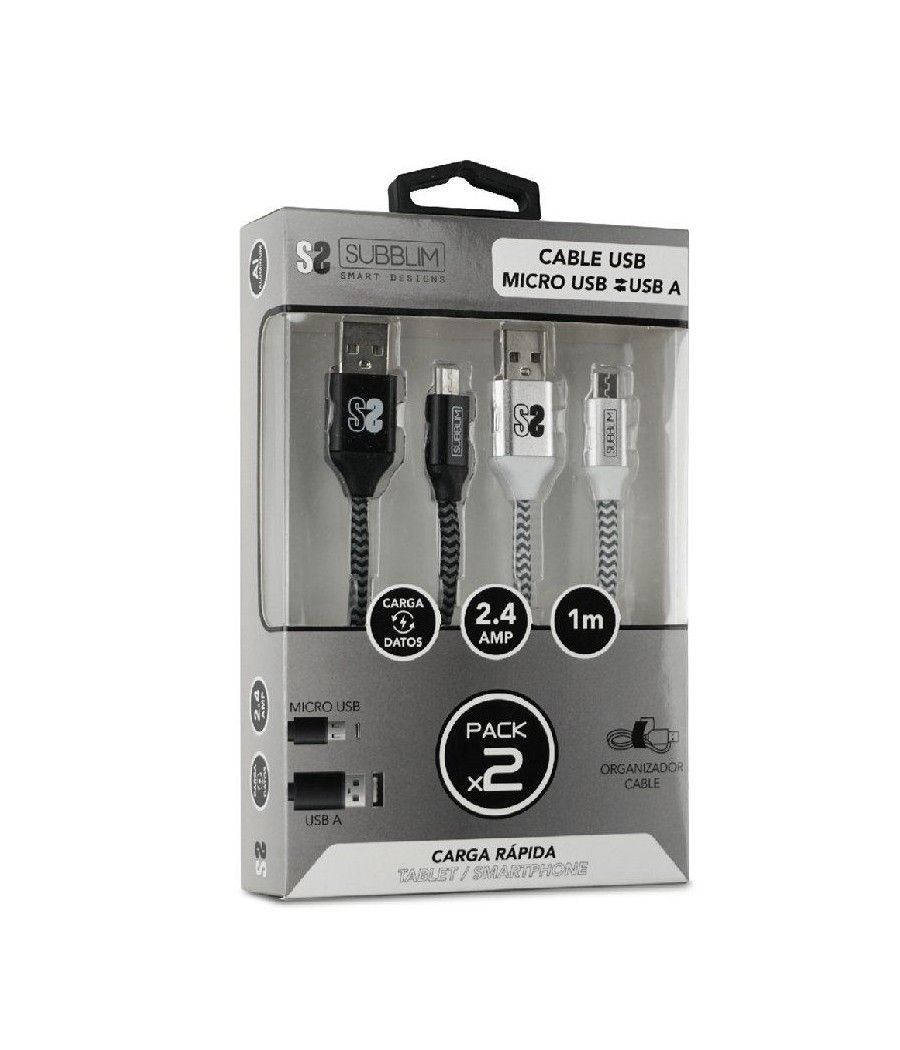 Cable USB 2.0 Subblim SUB-CAB-1MU001 Pack 2/ MicroUSB Macho - USB Macho/ 1m/ Negro y Plata - Imagen 1