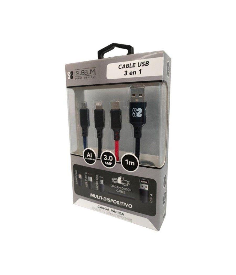 Cable USB 2.0 Subblim SUB-CAB-3IN101/ Micro USB + USB Tipo-C + Lightning - USB Macho/ 1m - Imagen 1