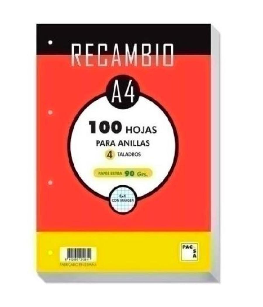 Pacsa recambio hojas a4 100h 4 taladros 90gr 5x5 c/margen blanco