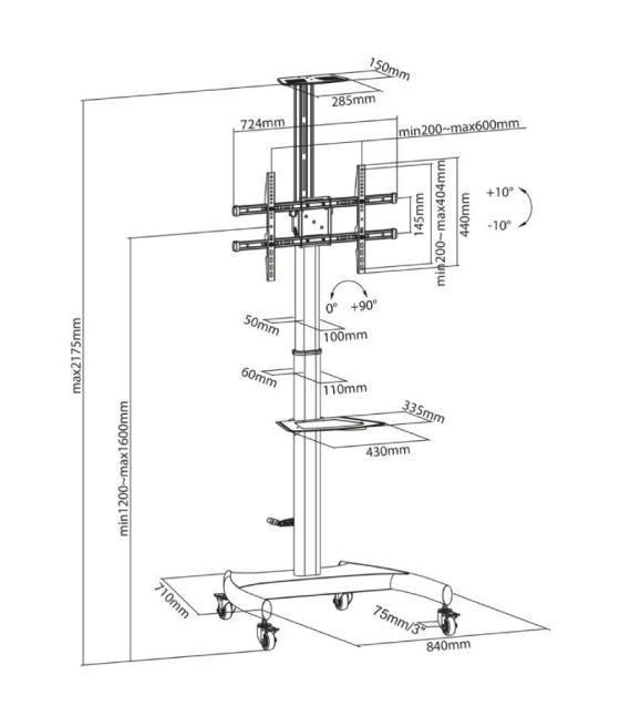 Soporte de pie inclinable/ giratorio con ruedas y manivela aisens ft70te-169 para tv 37-70'/ hasta 50kg