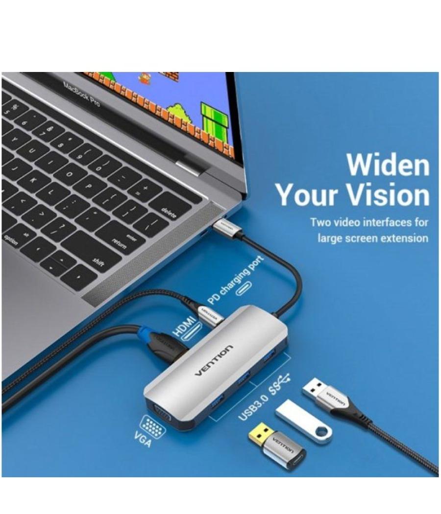 Docking usb tipo-c vention toihb/ 1xhdmi/ 1xvga/ 3xusb/ 1xusb tipo-c pd/ gris