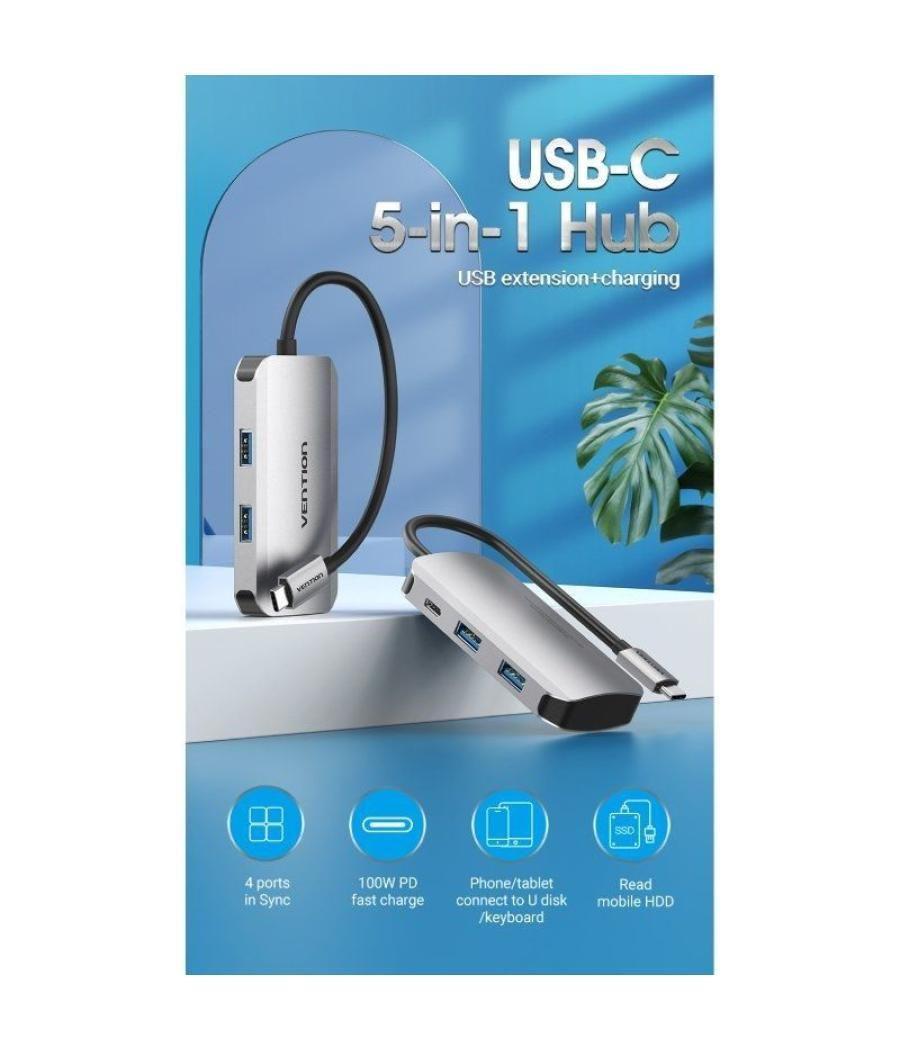 Hub usb tipo-c vention tnbhb/ 4xusb/ 1xusb tipo-c pd