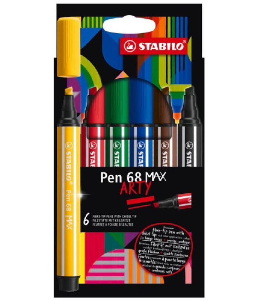 Estuche arty con 6 colores-rotulador premium con punta biselada pen 68 max stabilo 768/06-21