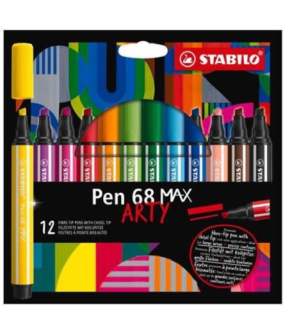 Estuche arty con 12 colores-rotulador premium con punta biselada pen 68 max stabilo 768/12-21