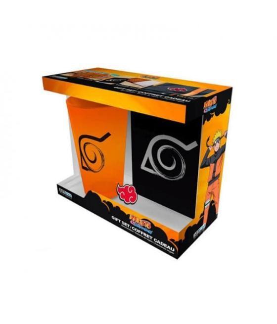 Pack especial abystyle naruto shippuden 3 articulos libreta konoha vaso largo xxl & pin akatsuki