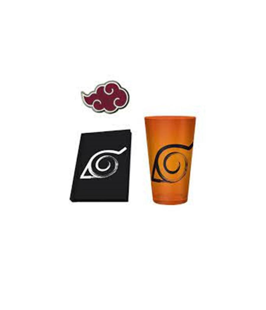 Pack especial abystyle naruto shippuden 3 articulos libreta konoha vaso largo xxl & pin akatsuki