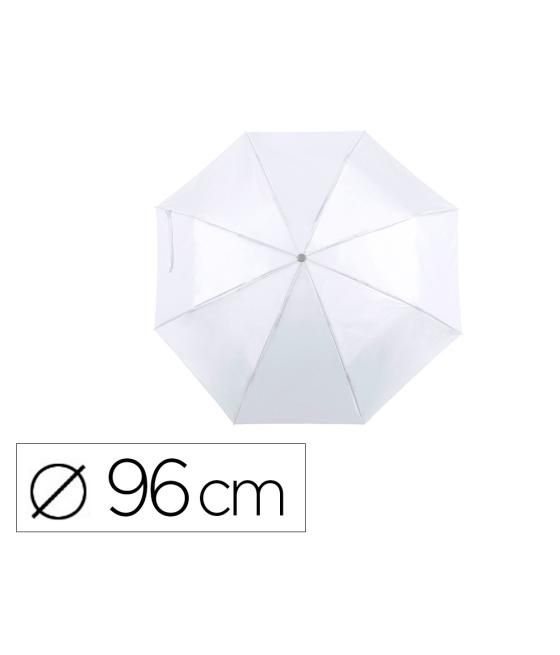 Paraguas plegable blanco de poliéster 96 cm de diametro apertura manual cierre con velcro y funda individual