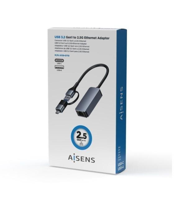 Adaptador usb 3.2 gen1 aisens a109-0710/ usb macho - usb tipo-c macho - rj45 hembra/ 2500mbps/ 15cm/ gris