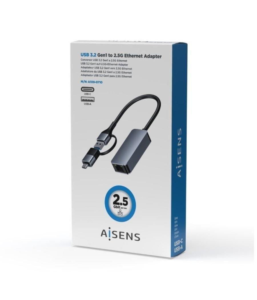 Adaptador usb 3.2 gen1 aisens a109-0710/ usb macho - usb tipo-c macho - rj45 hembra/ 2500mbps/ 15cm/ gris