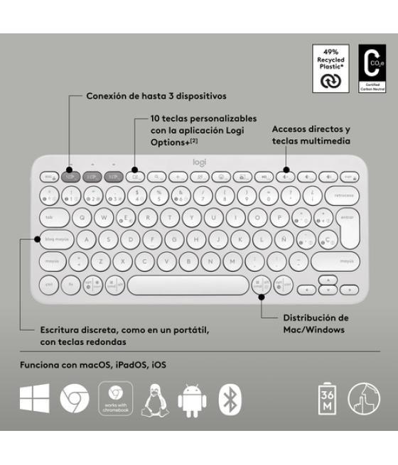 Logitech Pebble Keys 2 K380s teclado RF Wireless + Bluetooth QWERTY Español Blanco