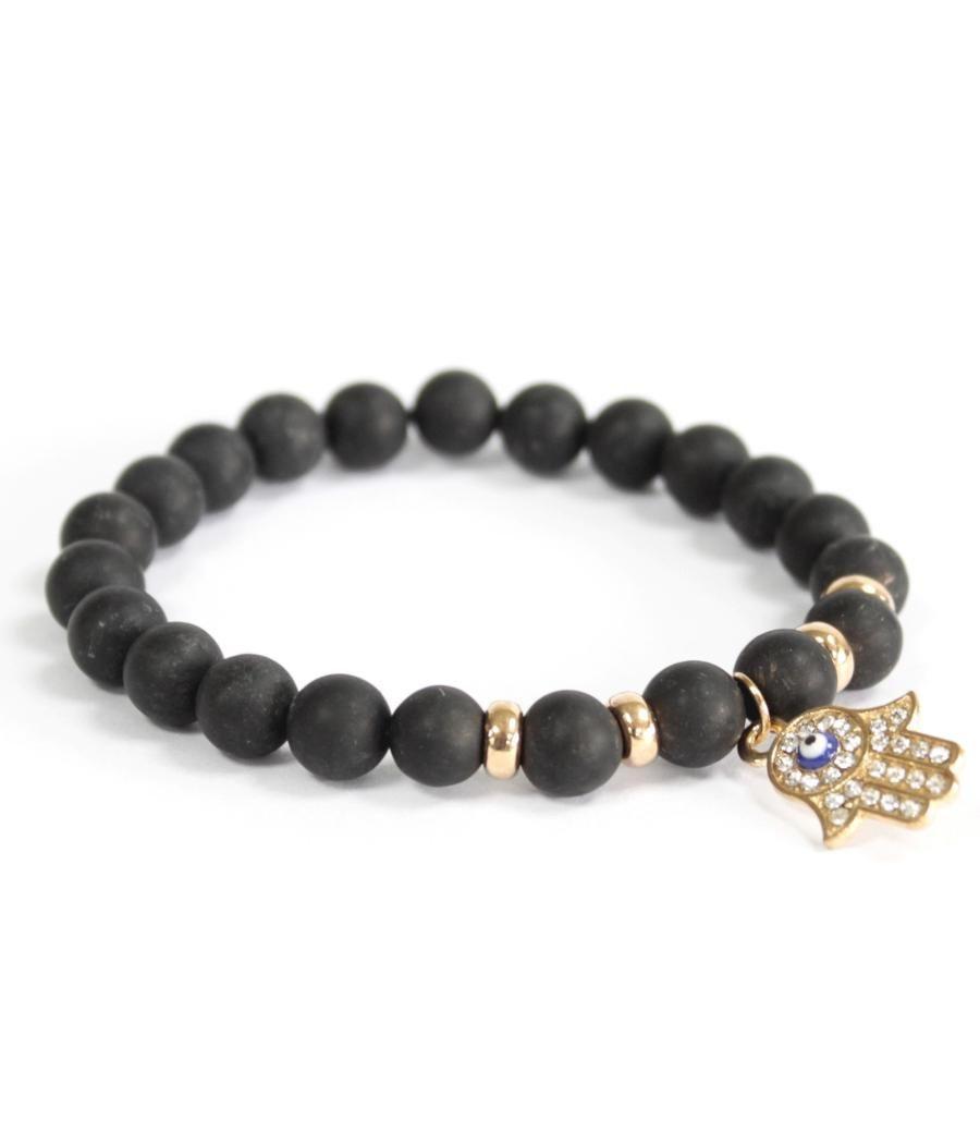 Hamsa / Ágata negra - Pulsera de piedras preciosas