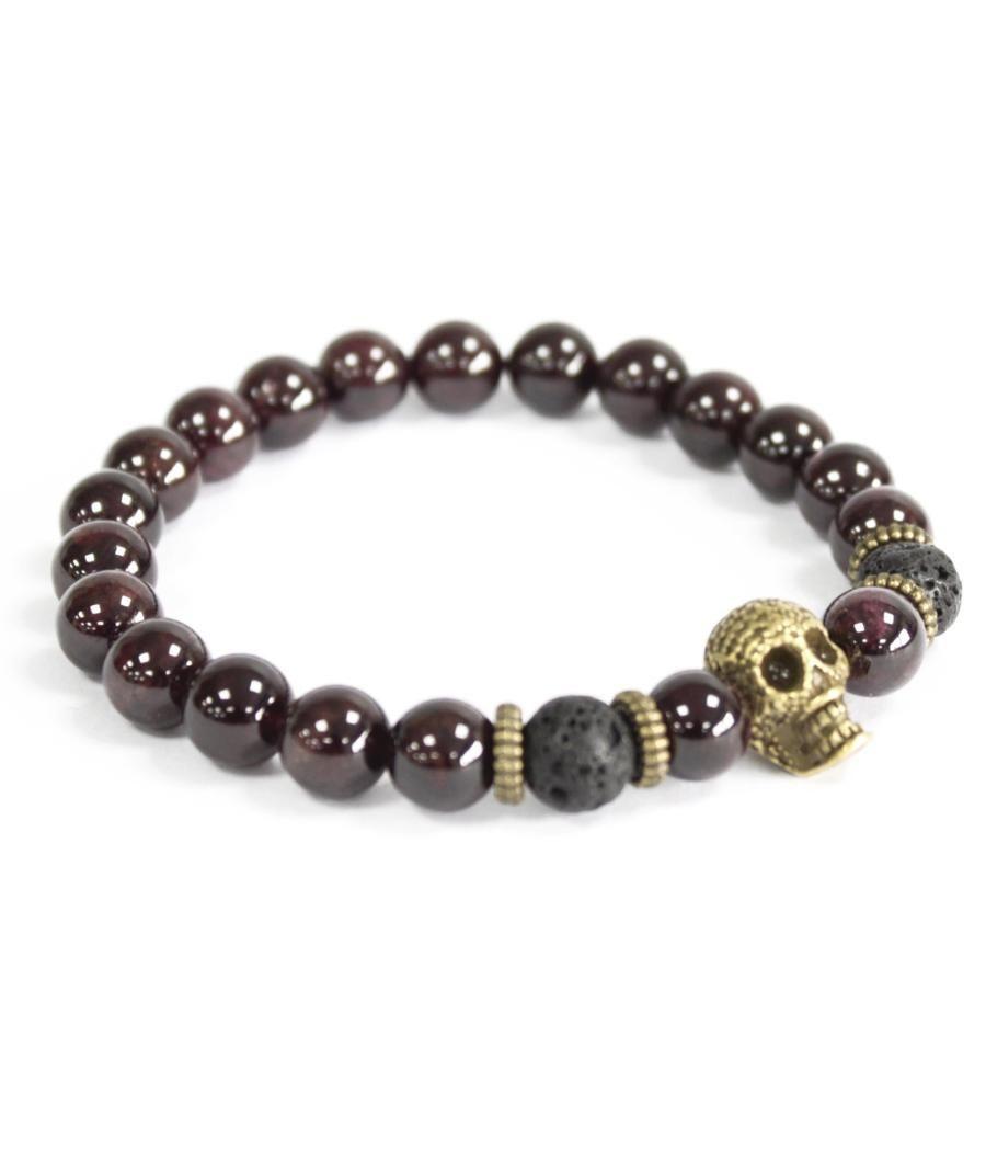 Calavera de bronce / Piedra de sangre - Pulsera de piedras preciosas