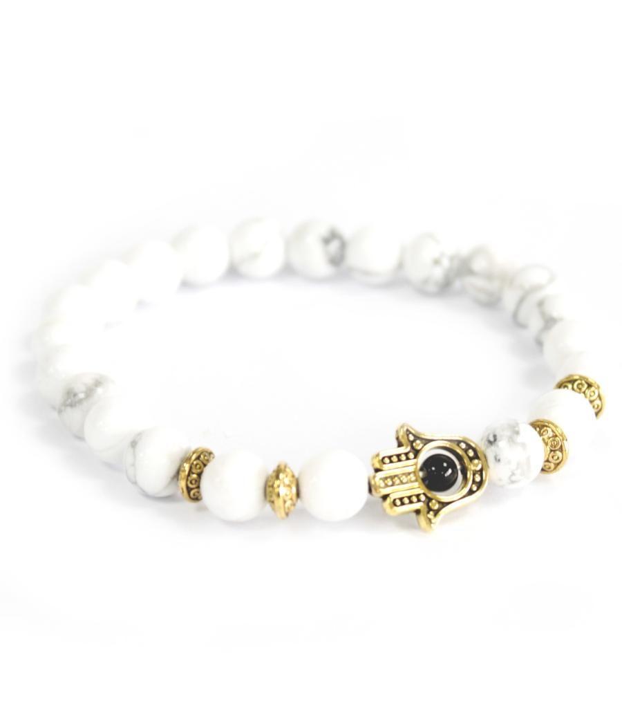 Hamsa de oro / piedra blanca - pulsera de piedras preciosas